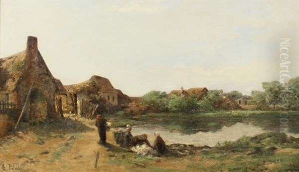 Les Lavandieres Pres De L'etang Oil Painting by Leon Germain Pelouse