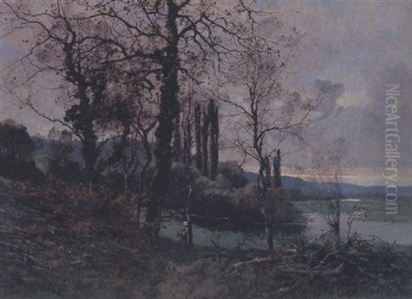 Uferlandschaft Mit Bauerin Und Rindern Im Herbst Oil Painting by Leon Germain Pelouse