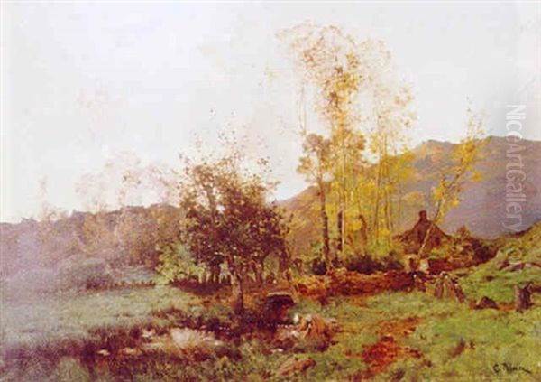 La Lavandiere Devant La Ferme En Automne Oil Painting by Leon Germain Pelouse