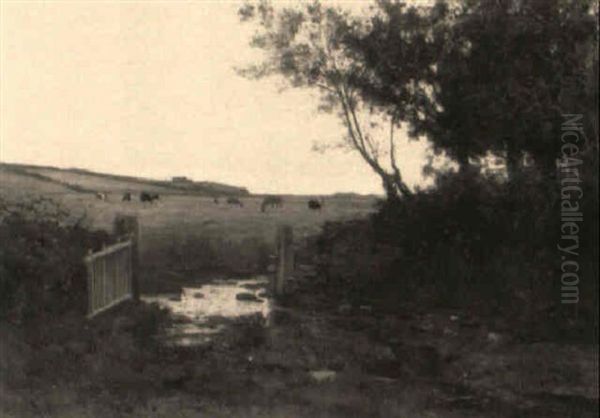 Cows Grazing By An Open Gate Oil Painting by Leon Germain Pelouse