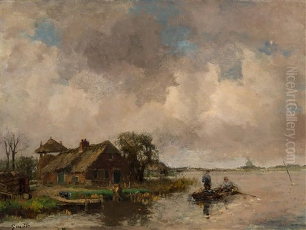 Farmers In A Boat By A Farm On A Lake Oil Painting by Gottfried Van Pelt