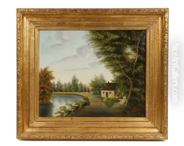 Country Landscape With Two Figures Near Riverside Cottage Oil Painting by Francesco Peluso