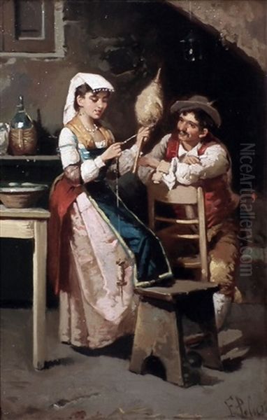 Interior Scenes With A Young Couple, The Girl Spinning Wool (pair) Oil Painting by Francesco Peluso