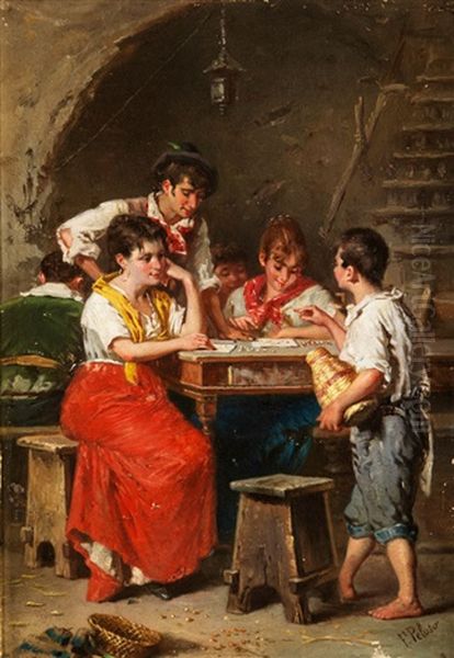 Junge Neapolitianische Familie Unter Einem Mauerbogen Am Tisch Beim Sortieren Von Perlen (korallen?) Oil Painting by Francesco Peluso