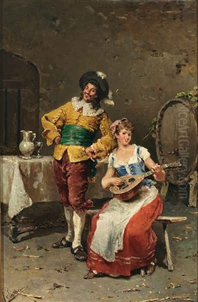 Singender Kavalier Mit Mandolinenspielerin Im Habit Des 18. Jahrhunderts Oil Painting by Francesco Peluso