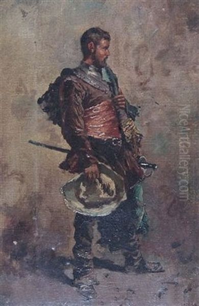 An Army Officer In 17th Century Costume Standing Askance With Hat In One Hand Oil Painting by Francesco Peluso