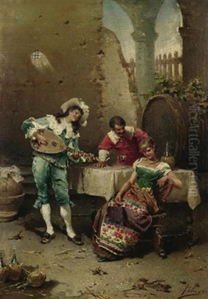 Lustiges Stelldichein. Junger Herr Spielt Schoner Dame Ein Standchen Bei Einem Glas Wein Oil Painting by Francesco Peluso