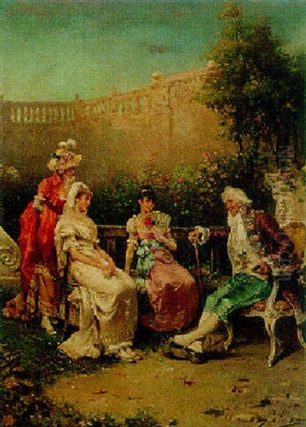 Elegant Figures On A Terrace Oil Painting by Francesco Peluso