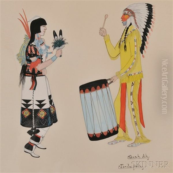 Male Drummer And Female Dancer In Traditional Garments Oil Painting by Tonita Pena