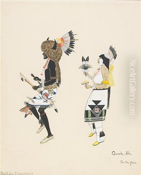 Buffalo Dancers (+ Pueblo Dancer, Smllr; 2 Works) Oil Painting by Tonita Pena