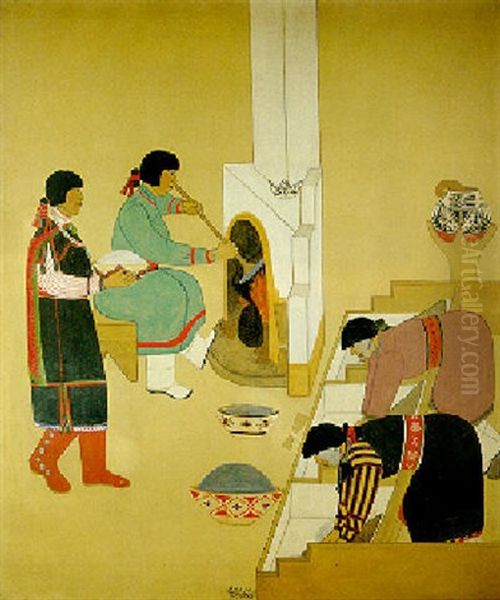 Indian Women Grinding And Drying Corn Oil Painting by Tonita Pena