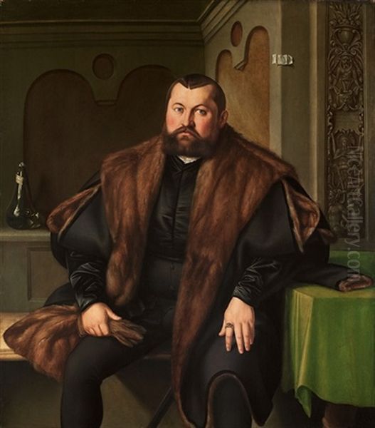 Portrait Of Sigismund Baldinger In A Black Satin Doublet And A Fur-lined Black Mantle, Holding Gloves, At A Draped Table Oil Painting by Georg Pencz