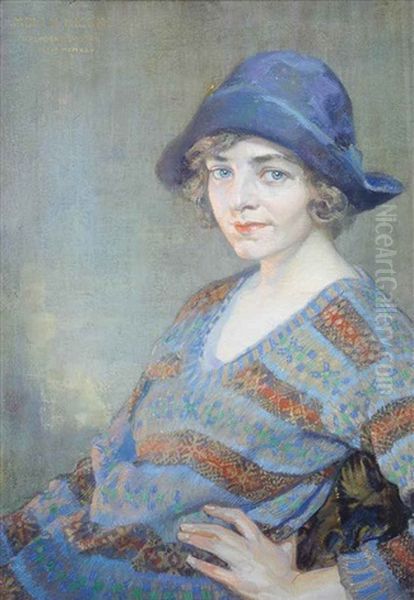 Portrait Of Molly Hickin, Seated Half-length, In A Blue Hat And A Patterned Sweater (+ An Unfinished Portrait Of A Lady, Verso) Oil Painting by Daniel Pender-Davidson