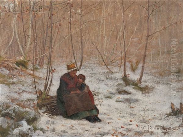 Mother And Child Seated On A Bundle Of Sticks In A Winter Wood Oil Painting by Frank C. Penfold