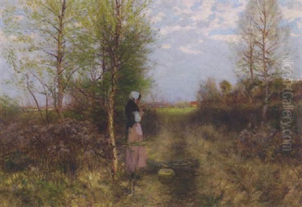 French Peasant Girl In A Landscape Oil Painting by Frank C. Penfold