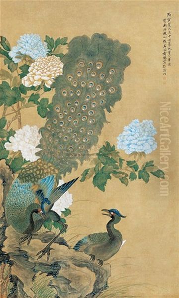 Peony And Peacocks Oil Painting by  Peng Yang