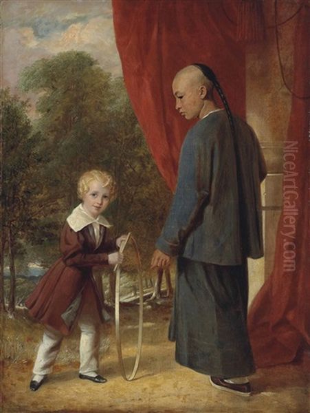 William Henry Ker Playing With A Hoop, With A Chinese Attendant Oil Painting by Aaron Edwin Penley