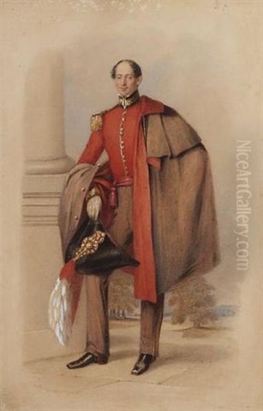 William Conway Gordon Wearing The Uniform Of An A.d.c., Scarlet Coatee With Gold Epaulettes, Black Collar With Gold Leaf, Carrying Hat, A Cloak Over His Shoulder Oil Painting by Aaron Edwin Penley