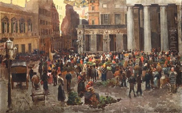 Mercato In Piazza De Ferrari Oil Painting by Giuseppe Pennasilico