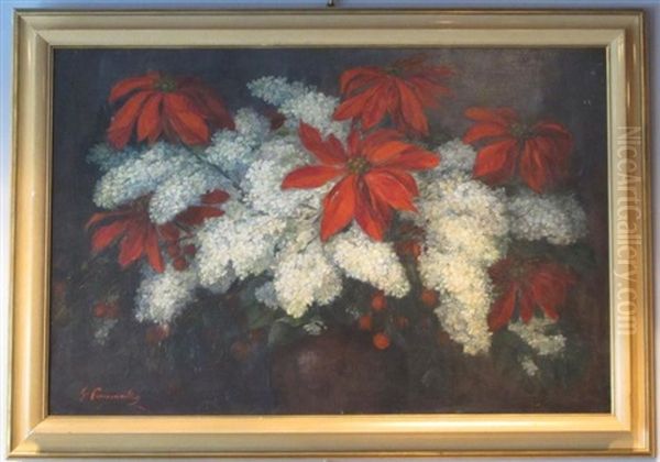 Nature Morte Au Bouquet De Poinsettia Et Lilas Oil Painting by Giuseppe Pennasilico