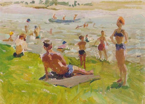 Figures On A Beach Oil Painting by Giuseppe Pennasilico