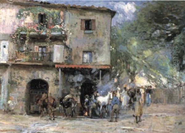 Villagers Outside A Smithy Oil Painting by Giuseppe Pennasilico