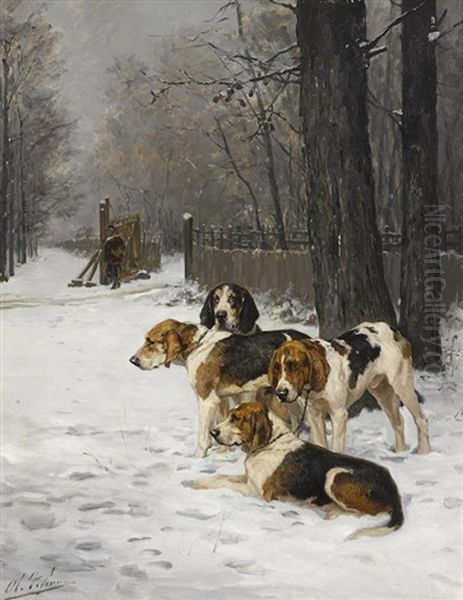 Hounds In A Snowy Landscape Oil Painting by Olivier de Penne