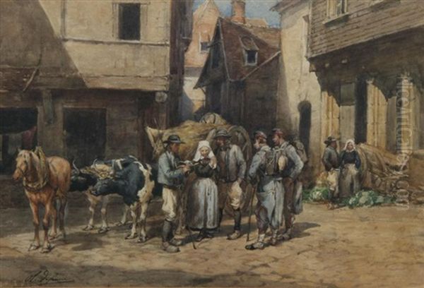 Militaires Conversant Avec Des Paysans De L'ouest Tenant Un Casque Prussien Oil Painting by Olivier de Penne