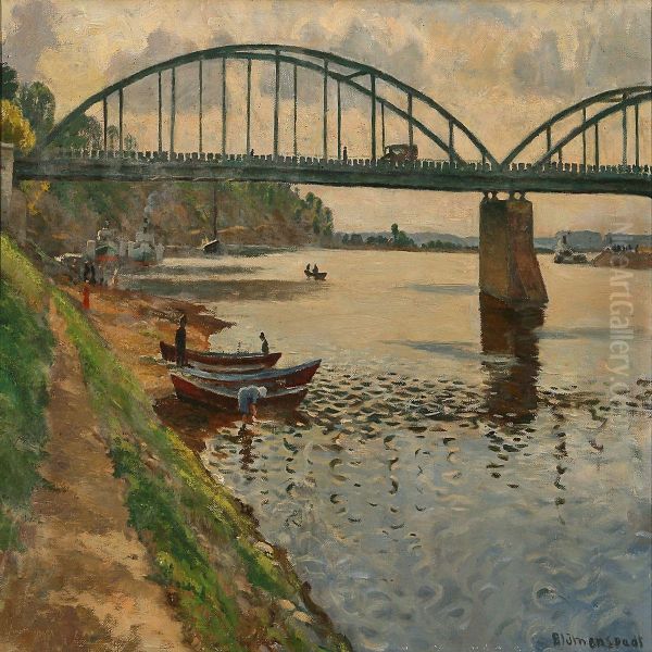 Summer Day At A Coast With A Bridge Oil Painting by Aage Blumensaadt