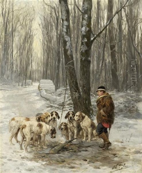 Winterlandschaft Mit Einem Rastenden Jager Und Seinen Hunden Oil Painting by Olivier de Penne