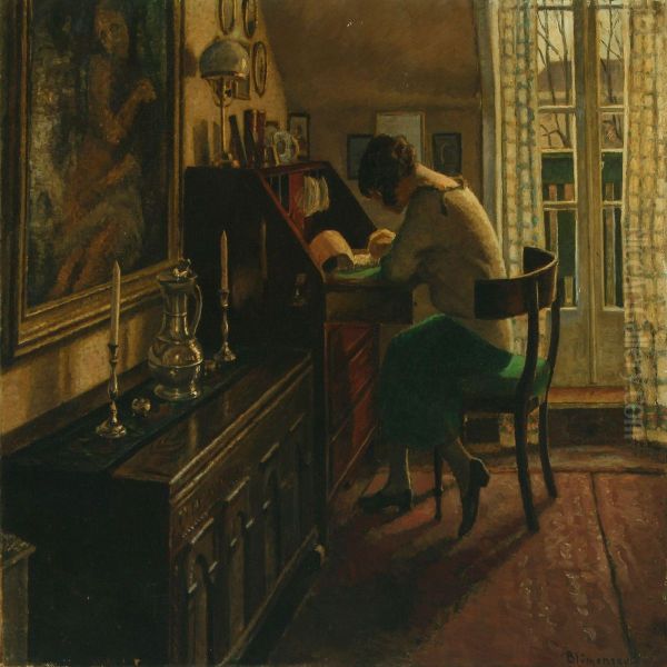 Interior With Womanwriting Oil Painting by Aage Blumensaadt