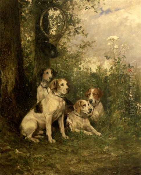 Hunting Dogs At Rest Beneath A Tree Oil Painting by Olivier de Penne