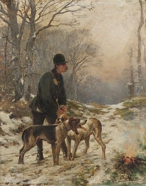 A Huntsman With Hounds In A Winter Landscape Oil Painting by Olivier de Penne