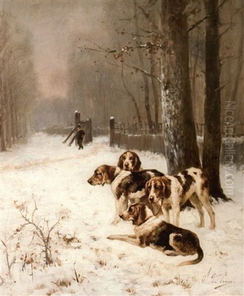 Relais De Chiens Griffons Dans Un Paysage De Neige Oil Painting by Olivier de Penne