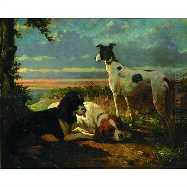 Three Dogs In A Landscape Oil Painting by Olivier de Penne