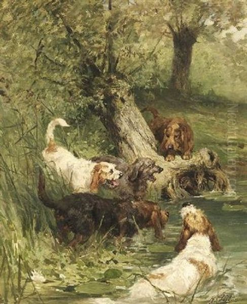 Funf Hunde Stellen Einen Fischotter Oil Painting by Olivier de Penne