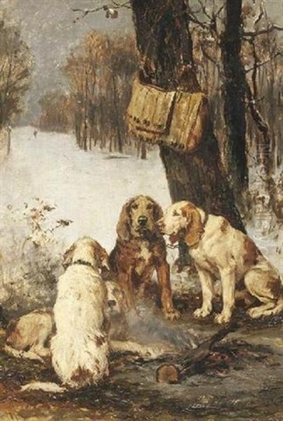 Jagdhunde Am Lagerfeuer In Verschneitem Winterwald Oil Painting by Olivier de Penne