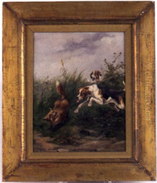 Hunt Scene With Two Hounds Chasing Down A Fox Oil Painting by Olivier de Penne