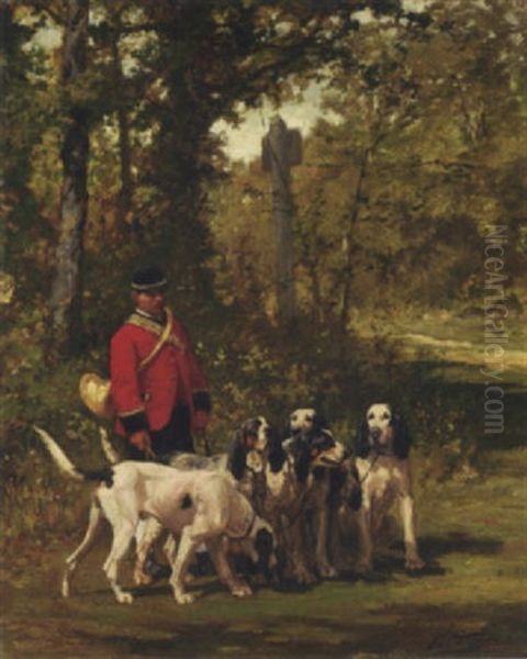 A Huntmaster With His Dogs On A Forest Trail Oil Painting by Olivier de Penne