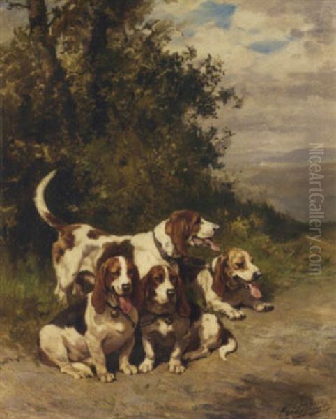 Hunting Dogs On A Forest Path Oil Painting by Olivier de Penne