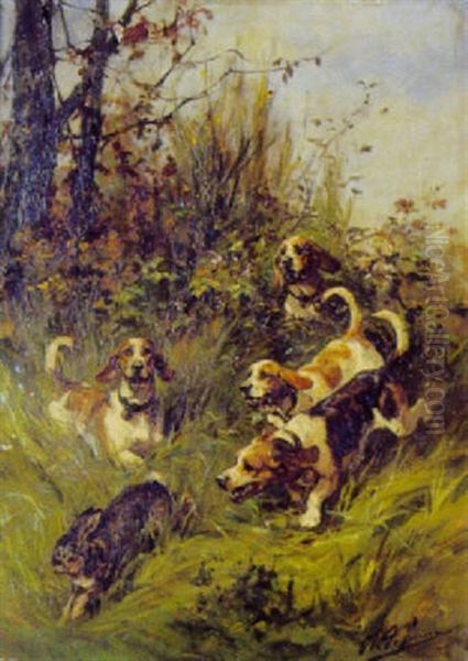 Quatre Chiens De Chasse Poursuivant Un Lievre Oil Painting by Olivier de Penne