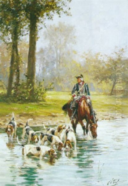 Veneur Et Sa Meute A La Riviere Oil Painting by Olivier de Penne