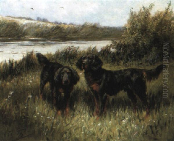 Two Spaniels In A River Landscape Oil Painting by Olivier de Penne