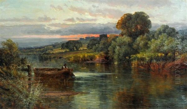 River Scene At Dusk With Boat And Figure Oil Painting by Harry Pennell