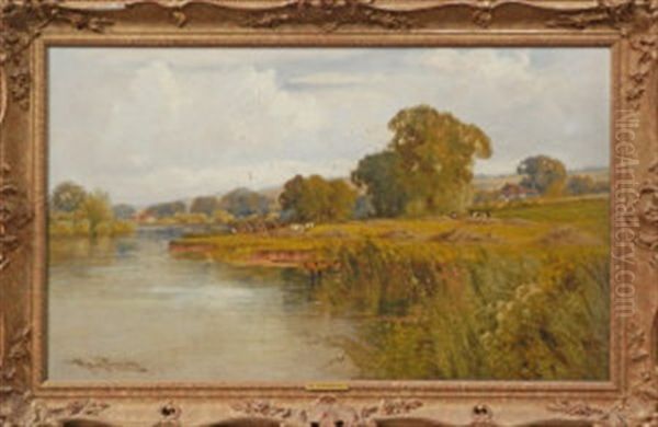 Harvesting Crops On The Banks Of The Thames Oil Painting by Harry Pennell