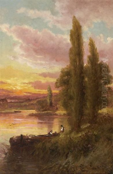 Sunset With Fishermen Oil Painting by Harry Pennell