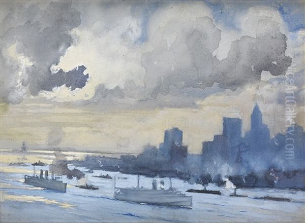 Clouds Over New York Harbor Oil Painting by Joseph Pennell