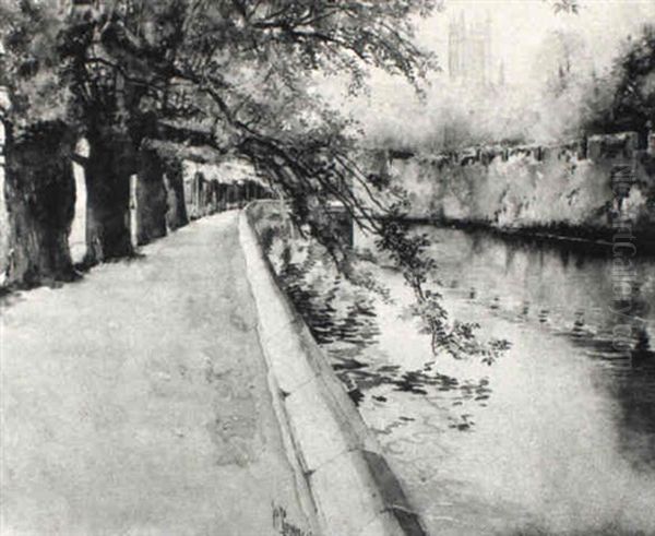 The Moat: Wells Cathedral From The Bishops Palace Oil Painting by Joseph Pennell