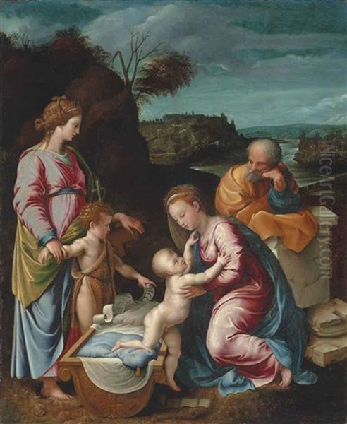 The Holy Family With The Infant Saint John The Baptist And Saint Catherine Of Alexandria Oil Painting by Giovanni Francesco Penni