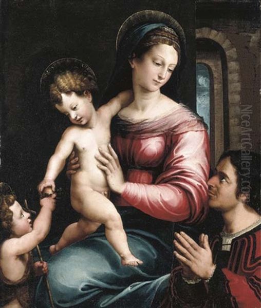 The Virgin And Child With The Infant Saint John The Baptist And A Donor Oil Painting by Luca (Romano) Penni